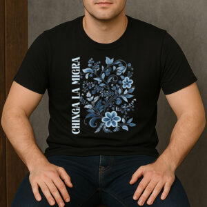 Chinga-La-Migra-Floral-Tee-–-Blue-Linocut-Style-Protest-Shirt-US