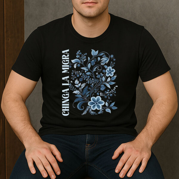 Chinga-La-Migra-Floral-Tee-–-Blue-Linocut-Style-Protest-Shirt-US