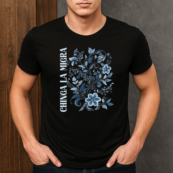 Chinga-La-Migra-Floral-Tee-–-Blue-Linocut-Style-Protest-Shirts