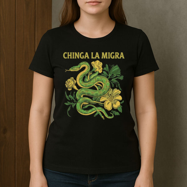 Chinga-La-Migra-T-Shirt-–-Green-Snake-&-Floral-Activist-Graphic