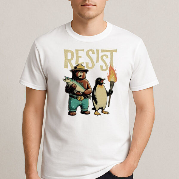 Penguin-&-Smokey-Bear-Resist-Shirt-–-Fun-Activist-Graphic-Tee-US