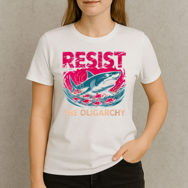 Resist-the-Oligarchy-T-Shirt-–-Funny-Political-Shark-&-Fish-Tee